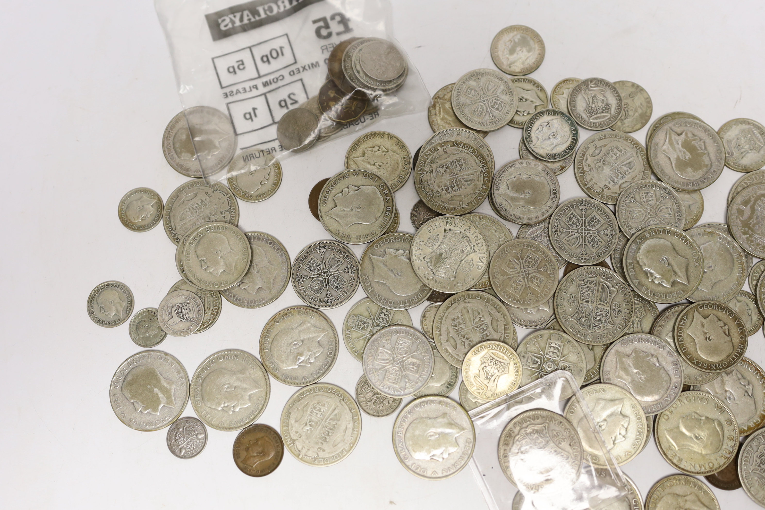 British coins, Victoria to George VI, the majority pre-1947 halfcrowns, florins, shillings, sixpences and threepence coins